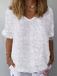 Amazon desea AliExpress 2023 verano europeo y americano de las mujeres Jersey bordado cuello en V elegante camisa