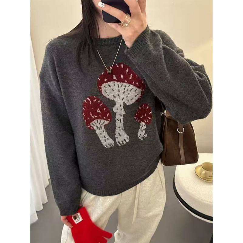 Mushroom Jacquard Knit Sweater Korean Style Autumn and Winter New Loose Round Neck Faux Wool Base Layer Top