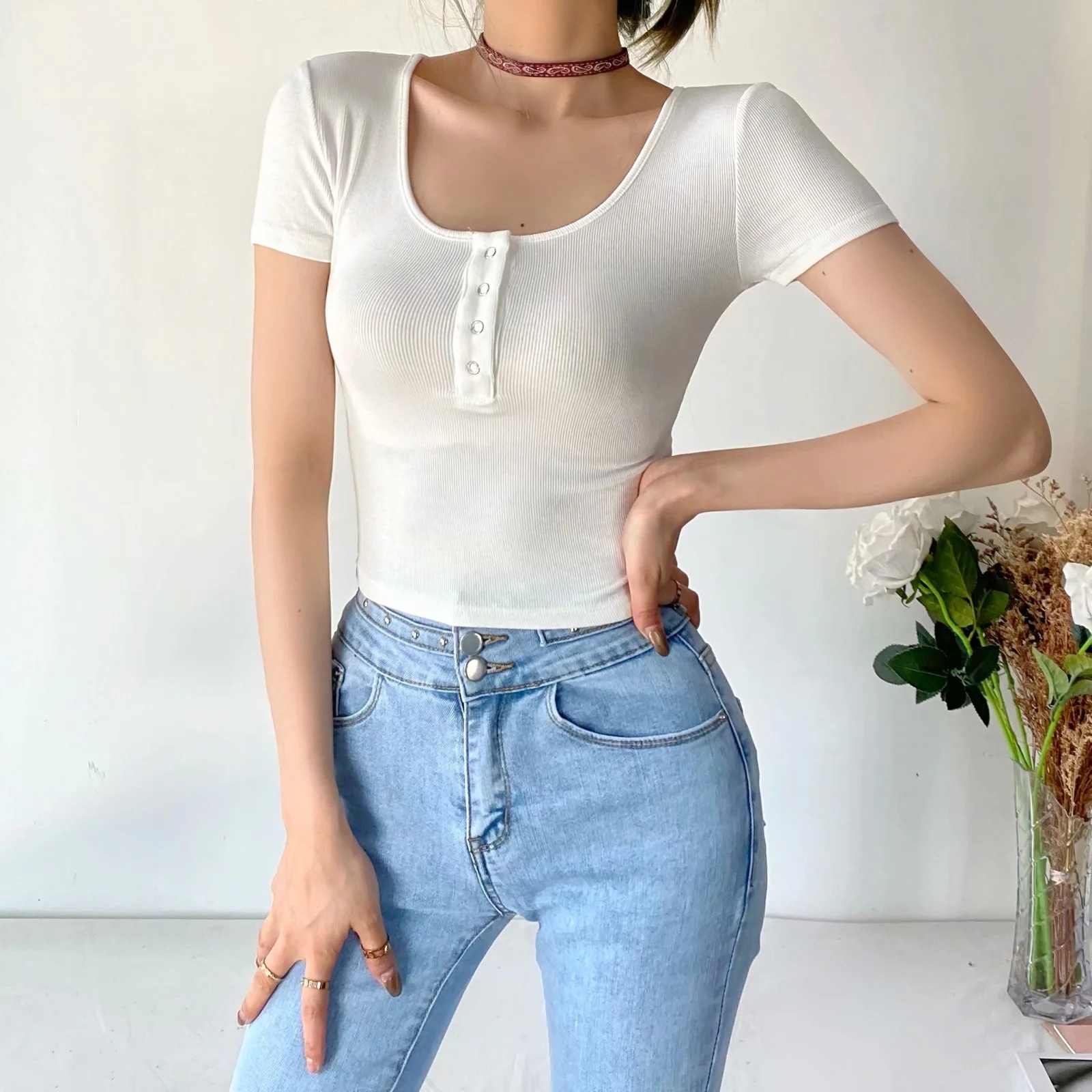 summer new Slim small round neck T-shirt NSAC40571