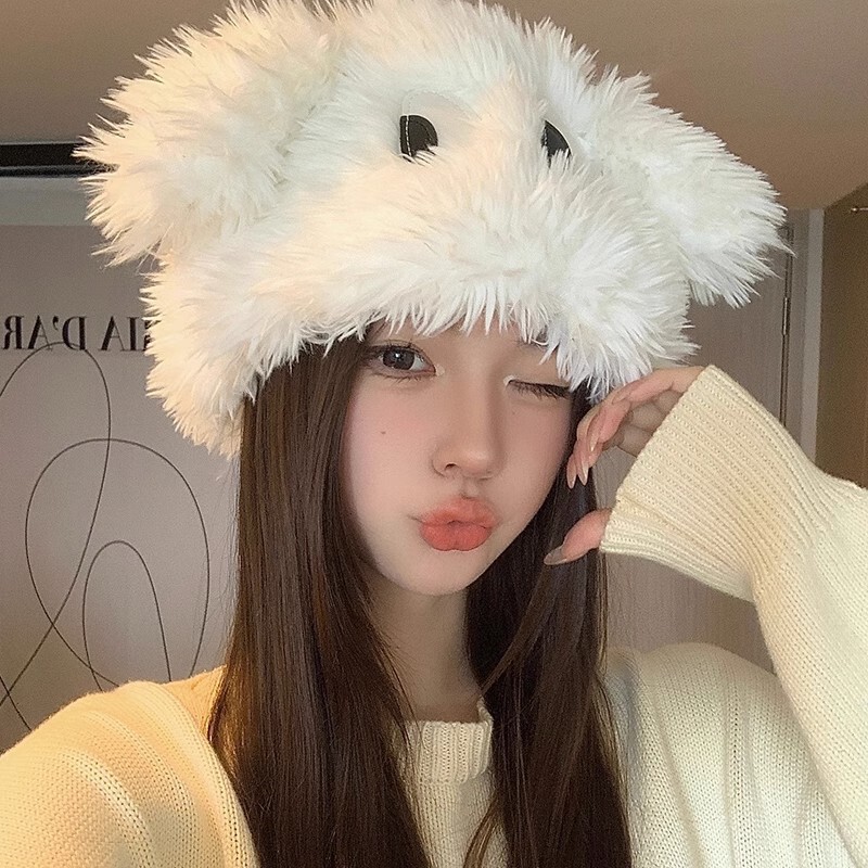 日系搞怪卡通大眼小狗套头帽女秋冬保暖护耳甜美可爱加厚毛绒帽子|undefined