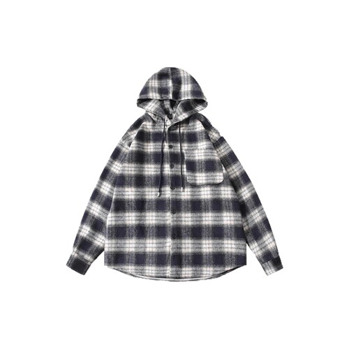 Spring and autumn new style Hong Kong-style plaid hooded shirt coat for men and women's loose and lazy style medium and long casual trend coat