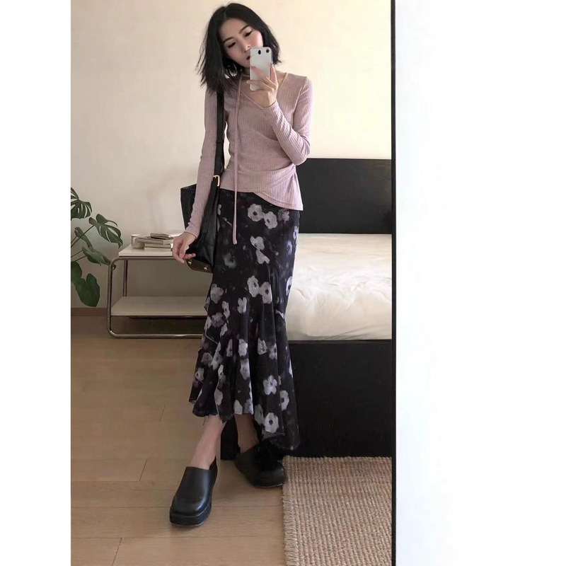 秋季套装女装2025新款新中式针织衫搭配印花半身裙韩系穿搭两件套|undefined