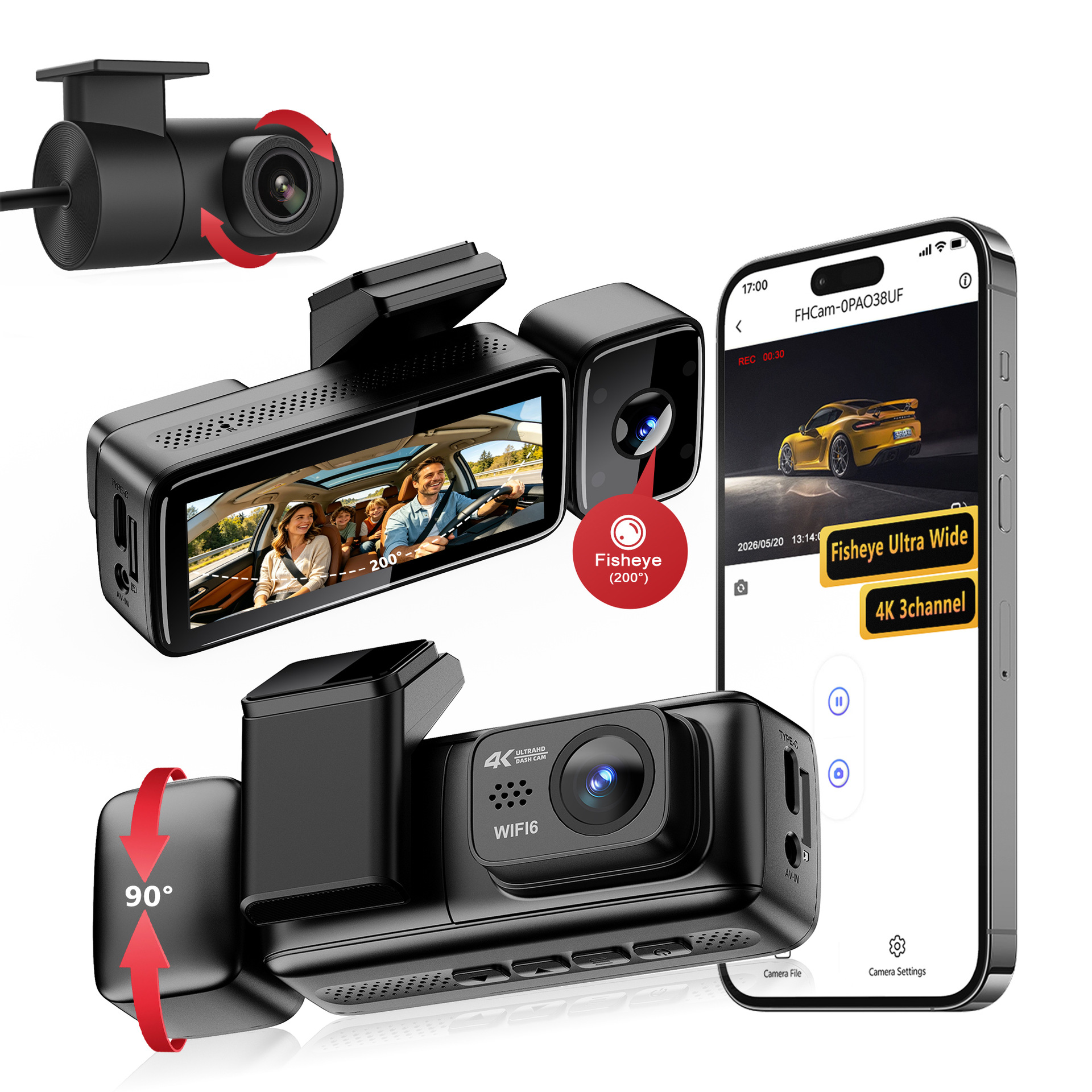 Cross-border car dashcam with high-definition 4K, 200-degree fisheye lens, front and rear triple recording dashcam