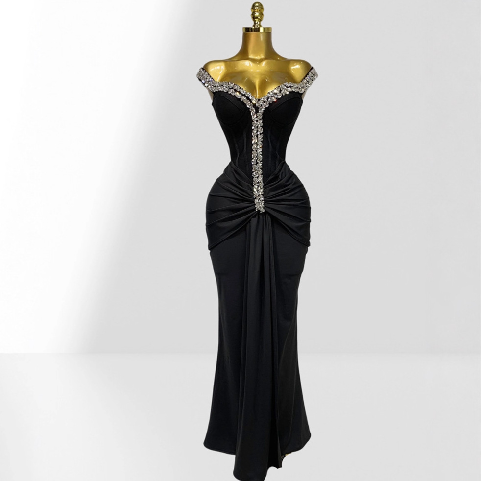 Cross-Border Luxury Sparkling Diamond Sexy Off-Shoulder Low-Cut Hip-Hugging Fishtail Dress European and American Style Party Dinner Dress
