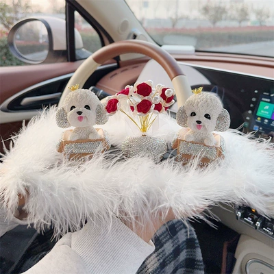 Interior Car Decoration Items for Women — Car ornaments - two-diamond-studded-crown-teddy-dogs-red-rose-diamond-studded-ornament-large-plush-cushion