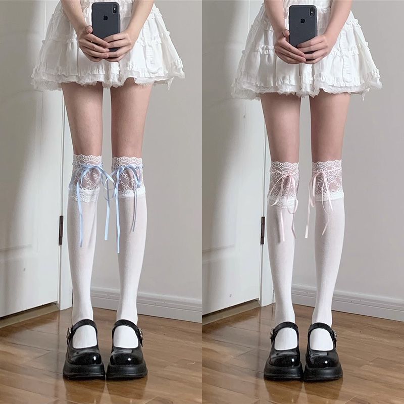 Lolita lace stitching white over-the-knee socks jk ballet style blue ribbon bow student all-match stockings