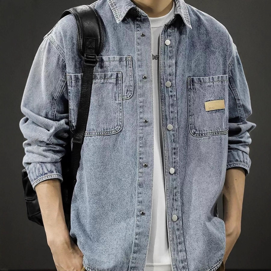 复古水洗牛仔衬衫男士春秋季新款潮牌拼接宽松痞帅工装衬衣外套男