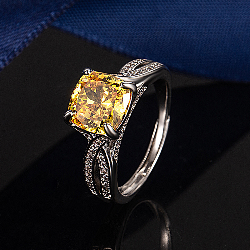 Inlaid Citrine Square Ring for Women, Accessible Luxury Niche Golden Zircon Hand Jewelry, European and American Popular Yellow Diamond Engagement Jewelry