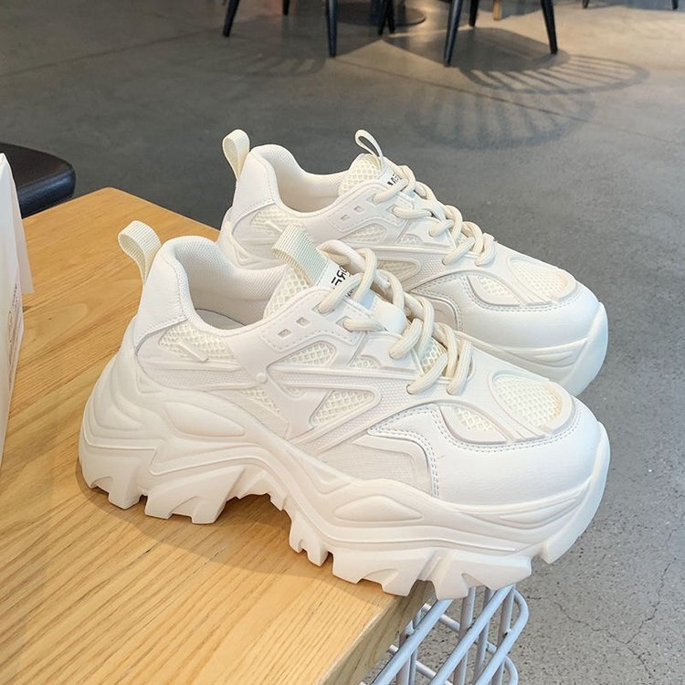 Thick-Soled Dad Shoes for Women 2025 New Mesh Pure Color Preppy Style Casual Shoes Fashionable Lace-Up Running Sneakers