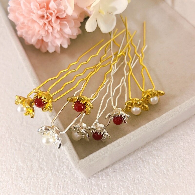 Ancient-Style Imitation Pearl Red Bead Flower U-Shaped Hairpin, Hanfu Hair Ornament, Hairpin for Chinese-Style Cheongsam, Versatile Hair Accessory Ancient-Style Imitation Pearl Red Bead Flower U-Shaped Hairpin, Hanfu Hair Ornament, Hairpin for Chinese-Style Cheongsam, Versatile Hair Accessory