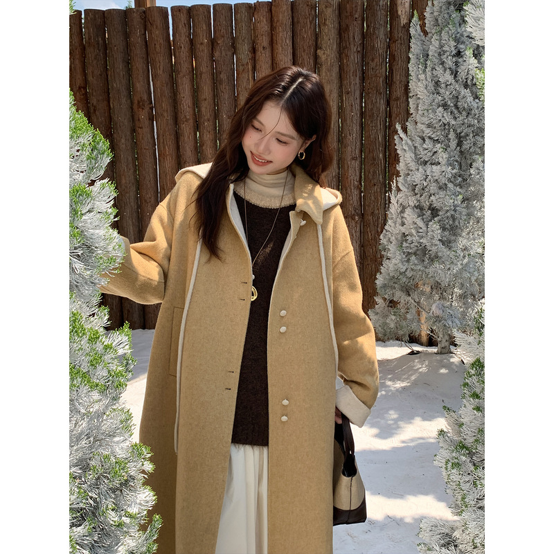 【No Returns or Exchanges】Quiet Heroine Wool Pocket Hooded Double-Sided Woolen Coat Women's Mid-Length Coat 0641