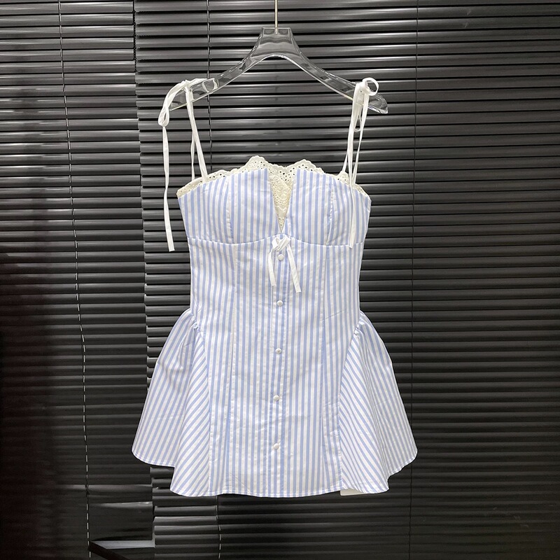 Pure Desire Lace Stitching Blue Striped Sling dress Women's Summer Spice Girl Elegant Tight Waist A- Line Shirt Short Skirt
