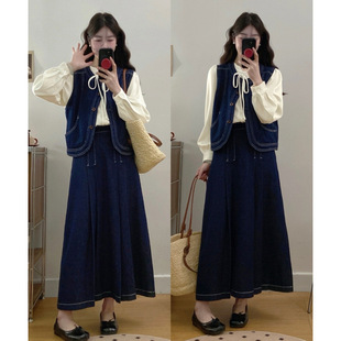 2025 Plus Size Women's Spring Style Strappy Design Shirt + Retro Denim Vest + Skirt Three-Piece Suit