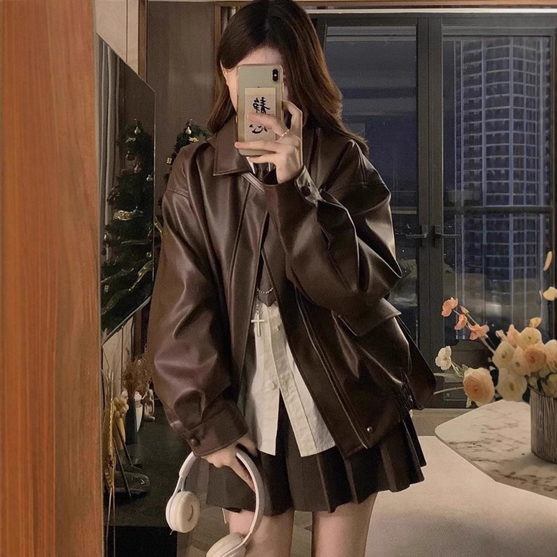 Brown Leather Jacket for Women, Autumn 2026 New Korean Style, Cool and Trendy Biker Loose Long-Sleeve Jacket Brown Leather Jacket for Women, Autumn 2026 New Korean Style, Cool and Trendy Biker Loose Long-Sleeve Jacket