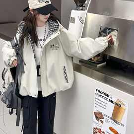 女童夹棉冲锋衣外套秋冬2025新款格子拼接加厚二棉棉服保暖派克服