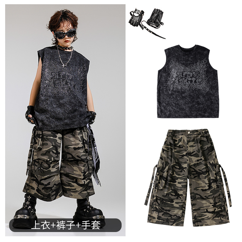 Disfraz de niño de baile callejero para niños, traje de chaleco sin mangas de diamantes calientes para niños guapos