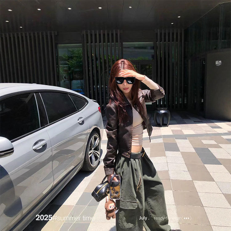 SUN11 酷飒风美式短款皮衣外套女早秋修身PU复古机车夹克上衣|undefined