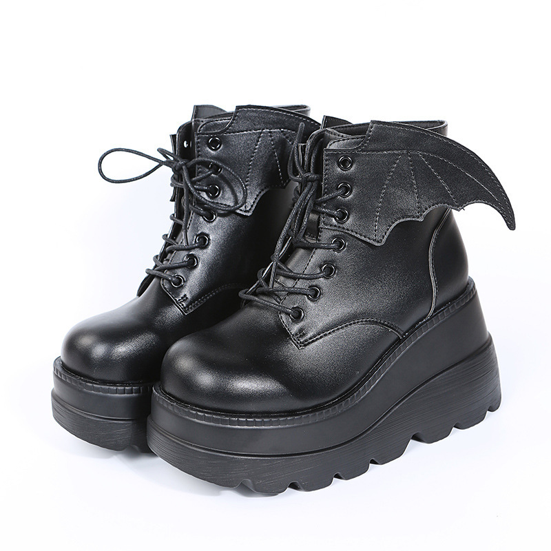 Martins Boots Women's Gothic Wings Thick-soled High-heeled Ankle Boots Autumn and Winter Handsome Lace-up Locomotive Wedge Patent Leather Single Boots Large Size Martins Boots Women's Gothic Wings Thick-soled High-heeled Ankle Boots Autumn and Winter Handsome Lace-up Locomotive Wedge Patent Leather Single Boots Large Size