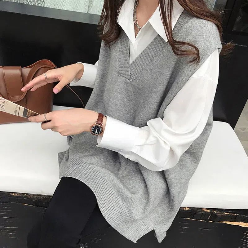 Fat Sleeveless Knitwear Jacket Women's Spring Mid-Length Loose Collar Top Fat Girl Plus Size Vest Women's Knitted