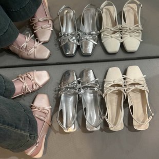 French Evening Style Bow Pink Toe-Toe Sandals for Women New Summer Square Toe Shallow Mouth Thick Heel Shoes