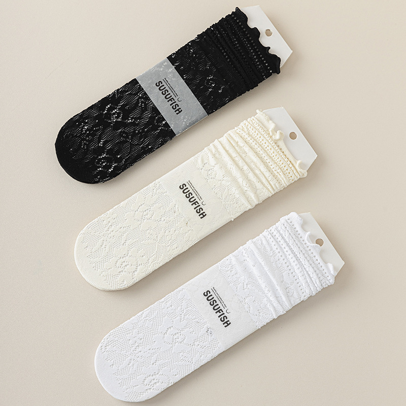 芭蕾風襪子女春夏薄網眼透氣中筒襪純色簡約無骨堆堆襪洛麗塔襪子