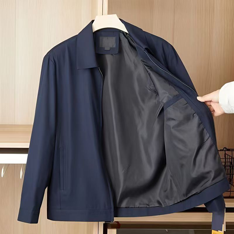 Elderly Men's New Thin Loose-Fitting Business Jacket with a Turn-Down Collar and Zipper, Suitable for Spring and Autumn, Slim Fit Men's Jacket