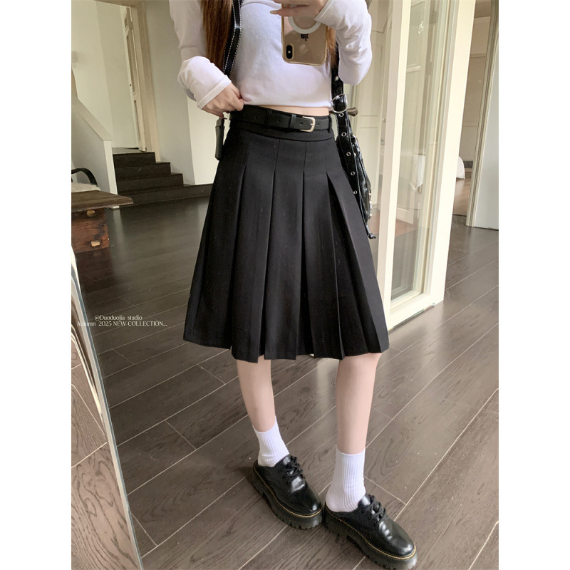 灰色西装中长款百褶裙半身裙女春秋学院风中裙高腰显瘦小众A字裙|undefined