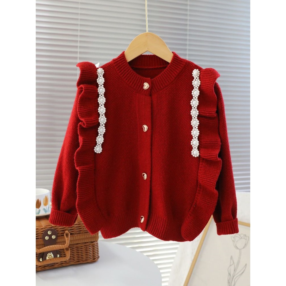 Red Girls' Sweater, 2026 New Style, Pearl Knitted Cardigan for Girls (Middle and Large Children), Spring, Autumn and Winter