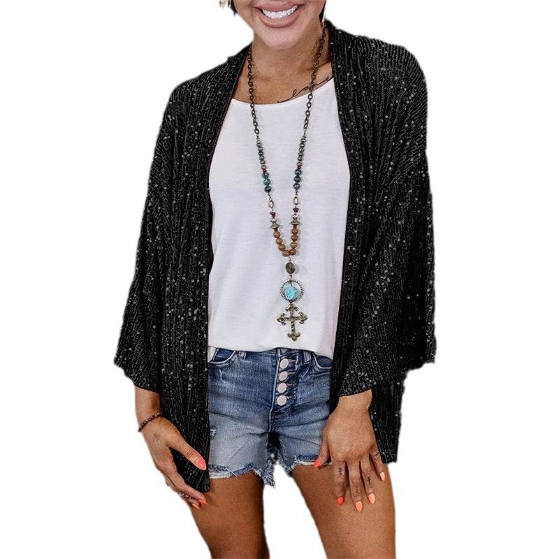 Venta directa desde sitios web independientes, estilo europeo y americano transfronterizo, nuevas blusas y chaquetas holgadas de lentejuelas para mujer, talla grande, otoño 2025.