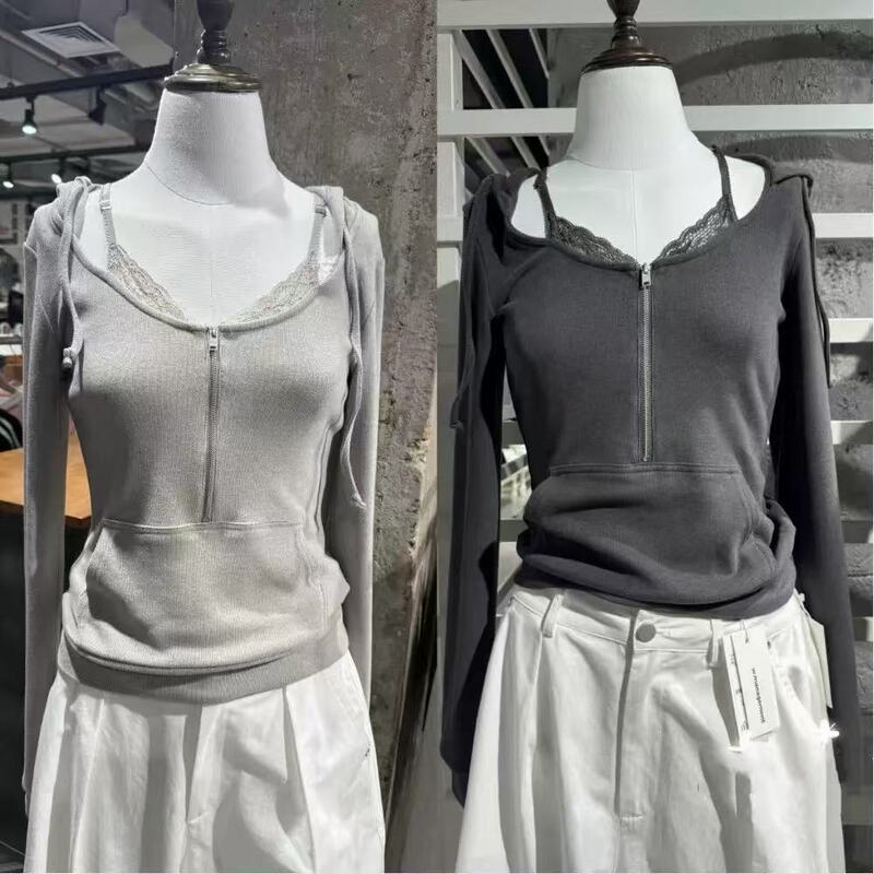 BM style new hooded faux two-piece zip-up sweatshirt for women, WM style gray lace splicing pure desire cardigan top BM style new hooded faux two-piece zip-up sweatshirt for women, WM style gray lace splicing pure desire cardigan top