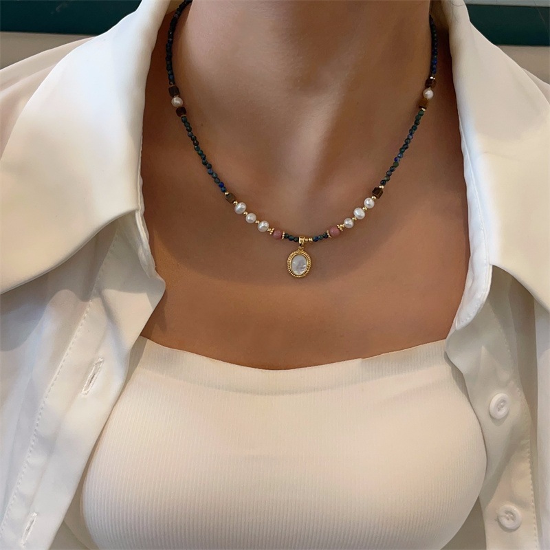 天然淡水本真珠パールシェルペンダントネックレスレトロフェニックスラピスビーズ鎖骨チェーンシンプルで新鮮|undefined