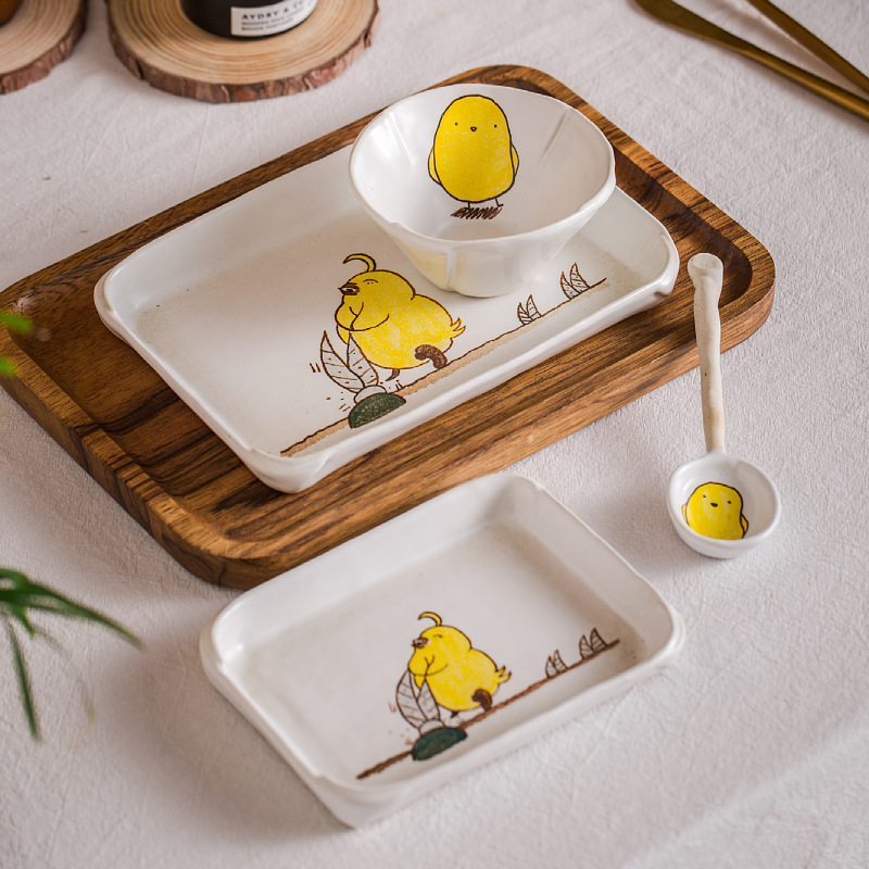 Jingdezhen creative hand-painted small yellow chicken Japanese stoneware tableware ceramic dishes spoon set children's rice bowl