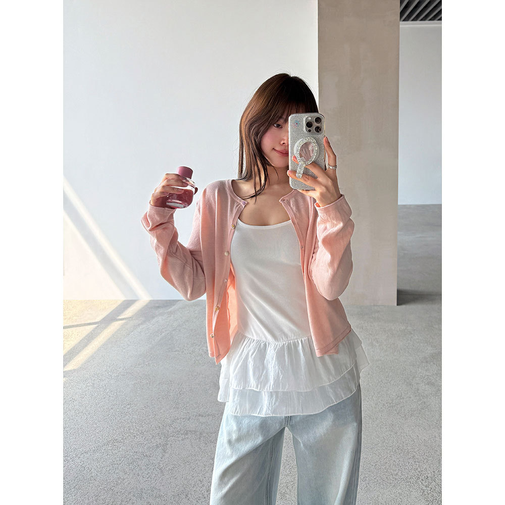 【王琪芝】温柔薄款百搭针织衫开衫+花边吊带背心女春夏套装WQ215