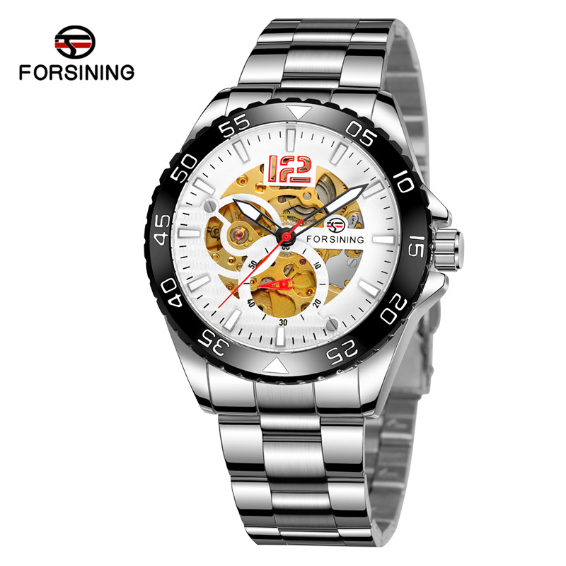 FORSINING8225 movimiento mecánico automático correa de acero puntero luminoso personalidad hueco fresco reloj los hombres