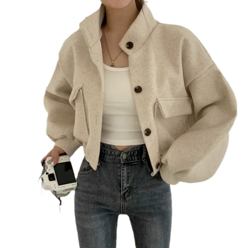 Демисезонная ретро короткая шерстяная куртка,Oversize длинно рукав Casual Coat, женская