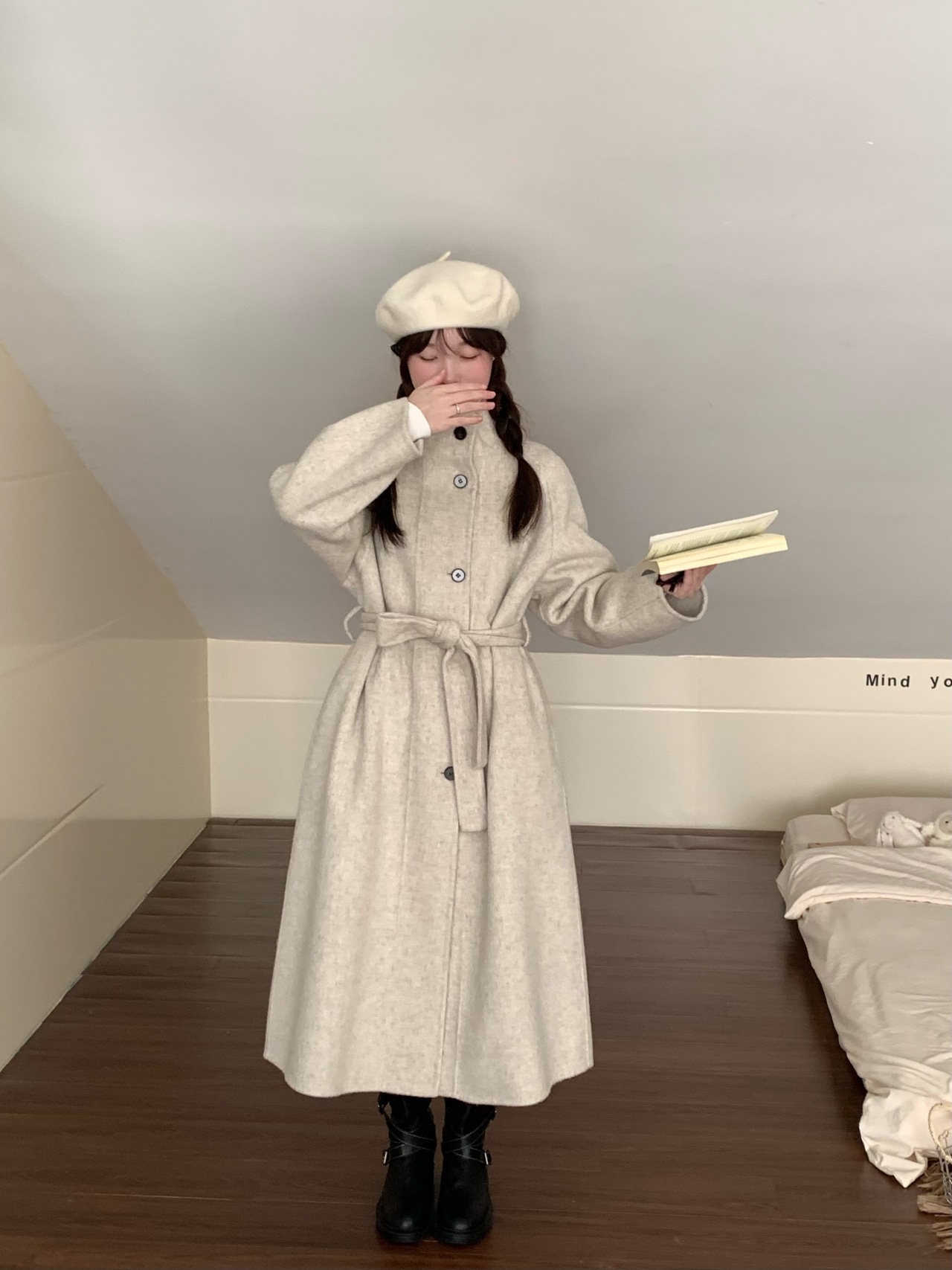 韓国風スタンドカラー新年コート レディース 両面カシミヤウール 25秋冬新作 シングルボタン ロング丈ウールコート レディース