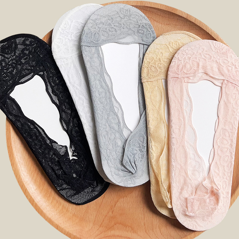 Solid Color Lace Boat Socks Women's Summer Thin Ice Silk Front Bottom Non-slip Wear-resistant Invisible Socks Low-top Shallow-top Short Socks for Women