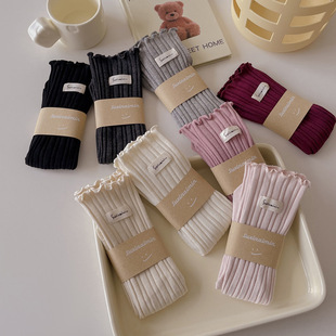 Autumn and Winter new pure color wooden ear socks vertical stripes pile socks cotton ins trendy double needle cloth label mid-calf length socks