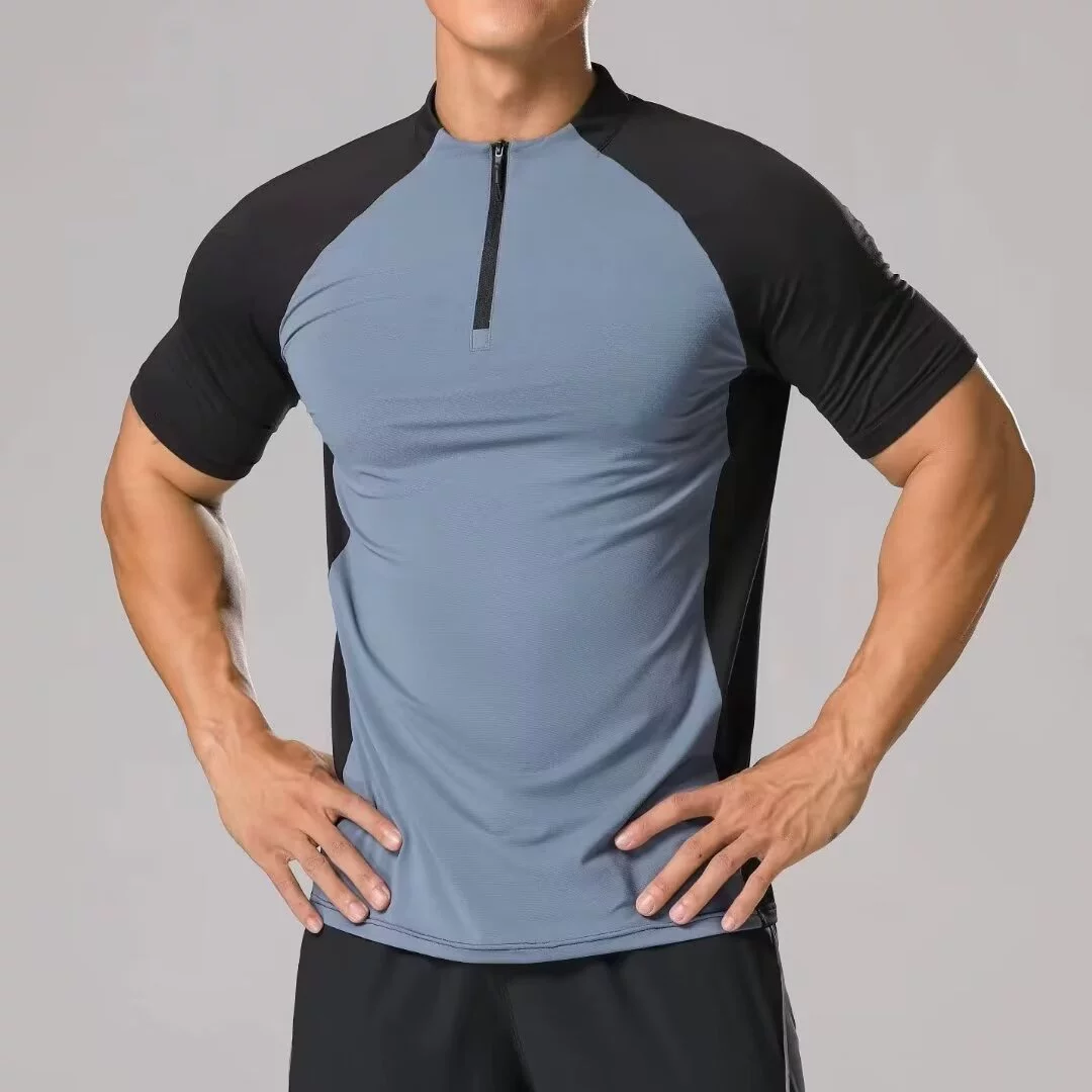 Спортивные футболки с короткими рукавами для бега Мужские воротники с половинной застежкой-молнией Amazon сплошной цвет спортивной одежды