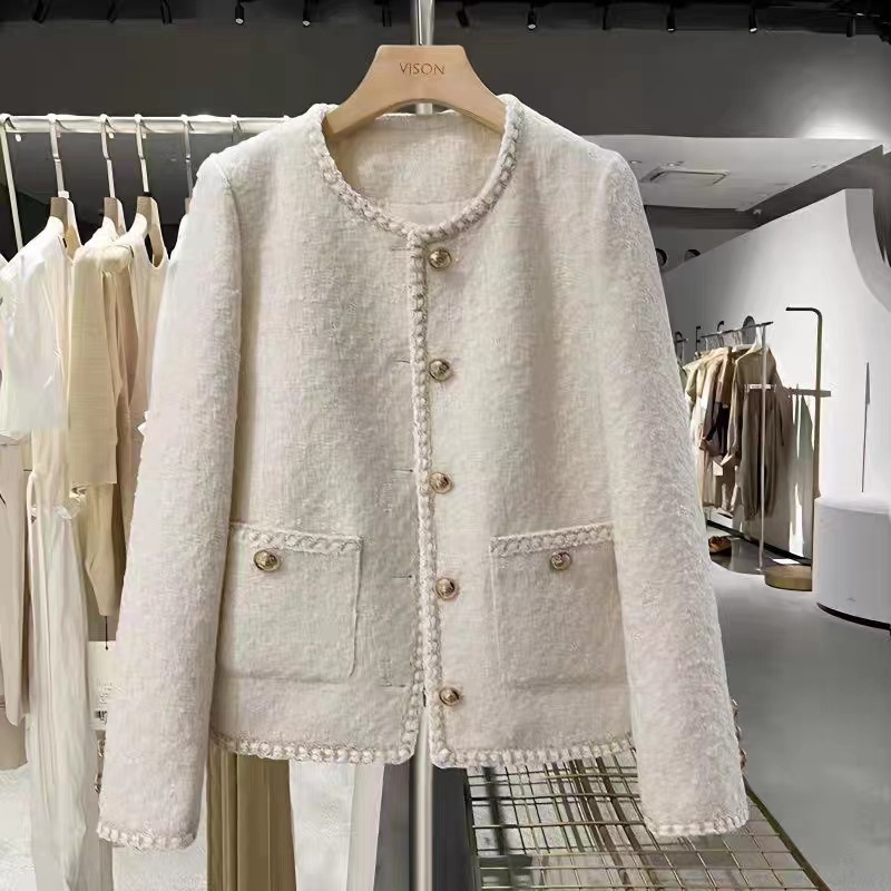 2023 Autumn and Winter New Korean Style Off-White French Short Style Ladylike Tweed Jacket for Women