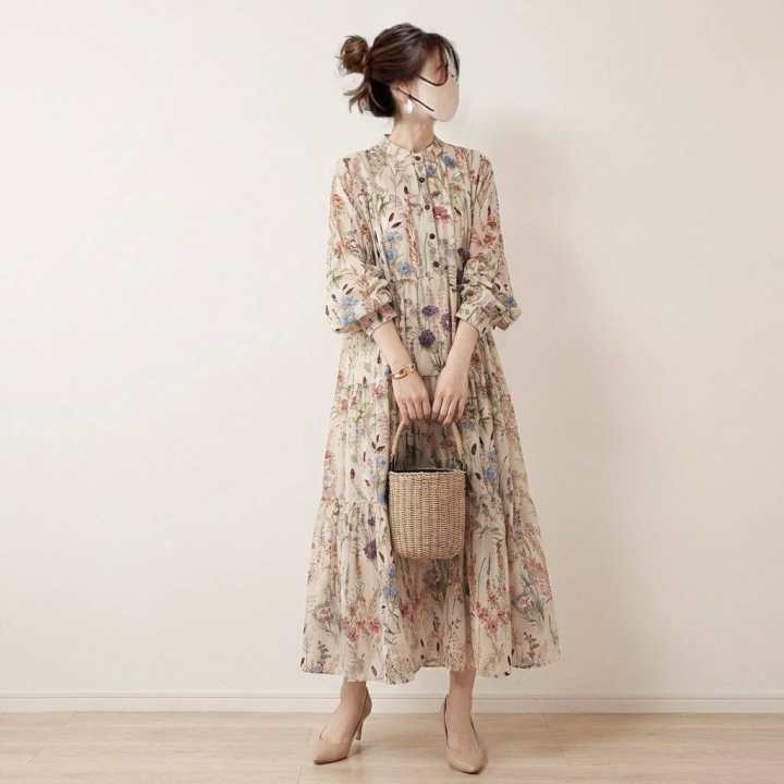 Japanese Style 2026 Summer Round Neck Floral Long-Sleeve Dress