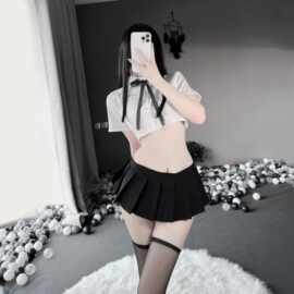 情趣内衣性甜美生白衬衫蝴蝶结制服诱惑英伦格子百褶短裙套装2377