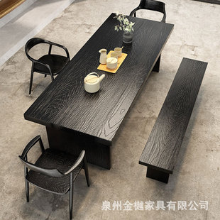 Quiet Style Solid Wood Tea Table Full Set Carbonized Black Log Large Board Tea Table Modern Simple Home Office Tea Table and Chair