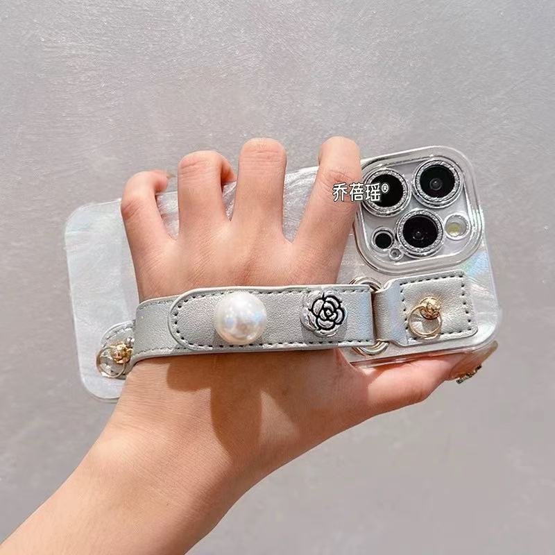 Pulsera de perlas de hilo de plumas plateada simple para iphone14 Apple 16ProMax funda para teléfono móvil 15 femenino 13 diagonal