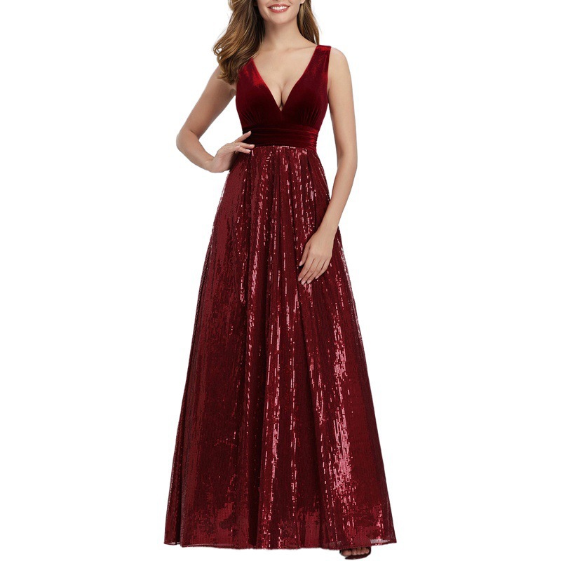 Elegant V-Neck Sleeveless Floor-Length Sequin Velvet Evening Gown – Stunning Velvet Performance Dress With Flared Hem For Galas Special Occasions_voghion.com