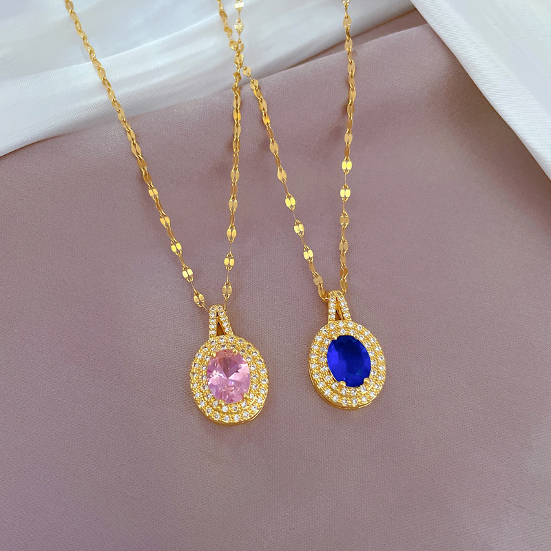 Simple Style Oval Titanium Steel Copper Inlaid Zircon Pendant Necklace 1 Piece