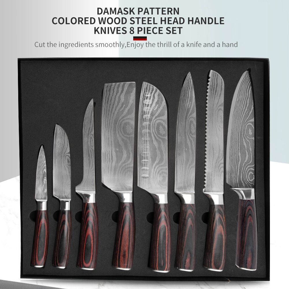 제조 업체 도매 8 피스 선물 상자 주방 칼 스테인레스 스틸 다마스커스 레이저 패턴 요리사 칼 Santoku