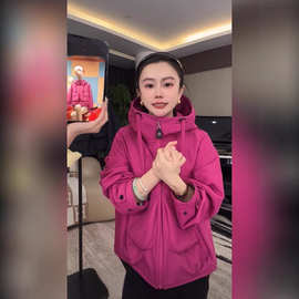 TZ7066火龙果色短款风衣女秋冬新款独特设计时尚连帽冲锋衣外套