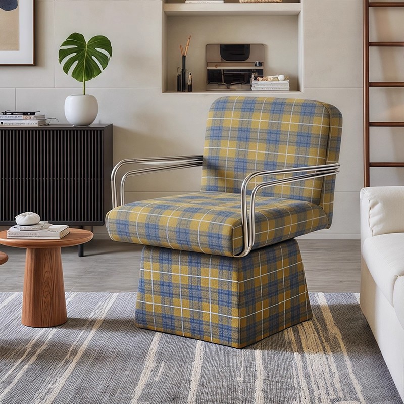 American Retro Fabric Single Sofa Chair Living Room Home Bedroom Antique Style Lazy Leisure Rotatable Dressing Chair