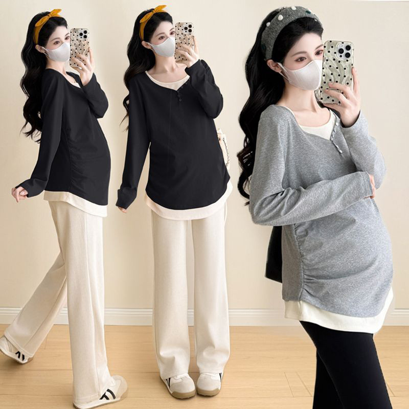 Maternity Wear Autumn and Winter New Style Fake Two-Piece Loose Large Size Fashionable Trendy Mom Cover Belly Without Showing Pregnancy Versatile Trendy T-Shirt Maternity Wear Autumn and Winter New Style Fake Two-Piece Loose Large Size Fashionable Trendy Mom Cover Belly Without Showing Pregnancy Versatile Trendy T-Shirt